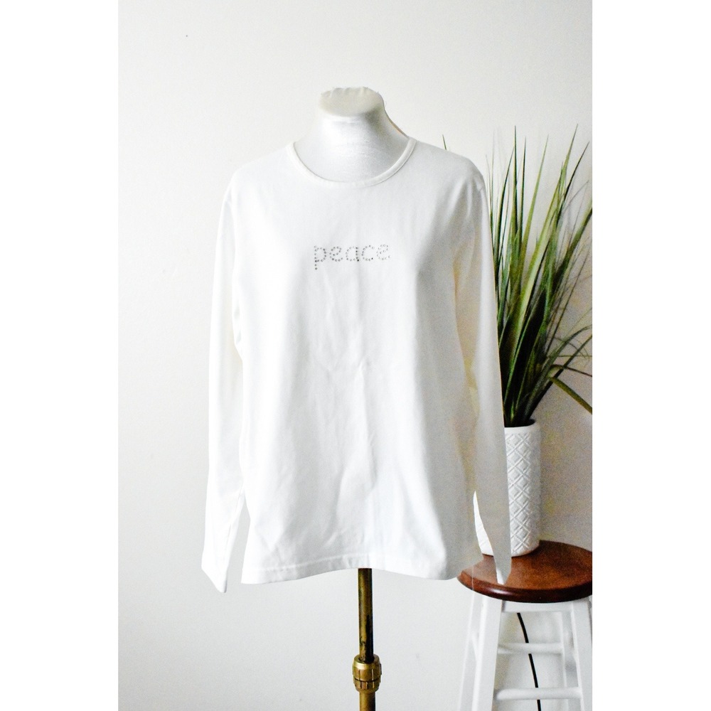 The Quacker Factory Top Women Medium White Y2K Peace Rhinestone Long Sleeve